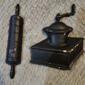 Vintage Black Metal Coffee Grinder and Rolling Pin Set Wall Art Metal
